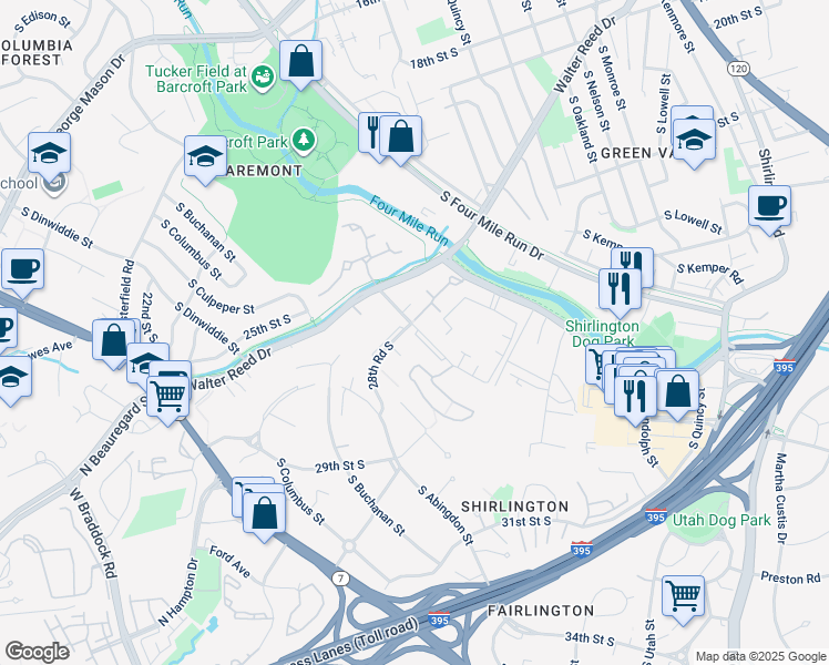 map of restaurants, bars, coffee shops, grocery stores, and more near 2830B South Wakefield Street in Arlington