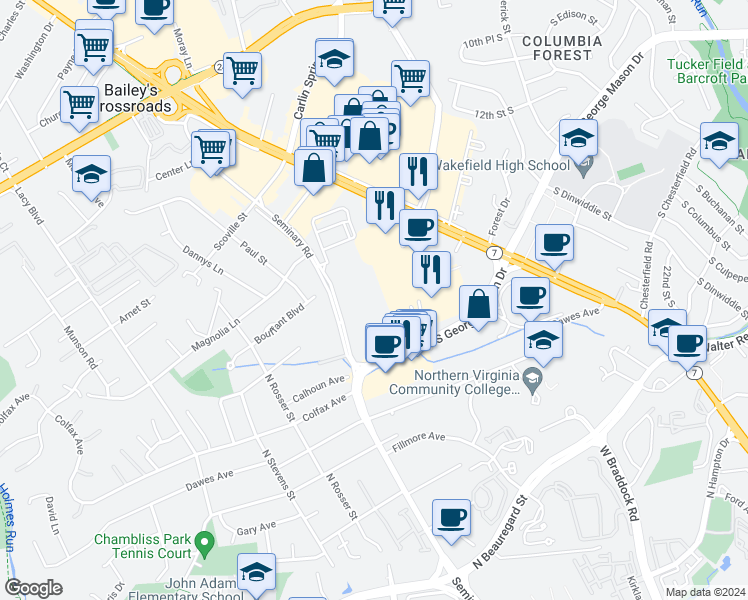 map of restaurants, bars, coffee shops, grocery stores, and more near 5563 Seminary Road in Falls Church