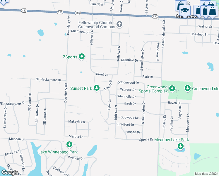 map of restaurants, bars, coffee shops, grocery stores, and more near 1009 Peggy Drive in Greenwood