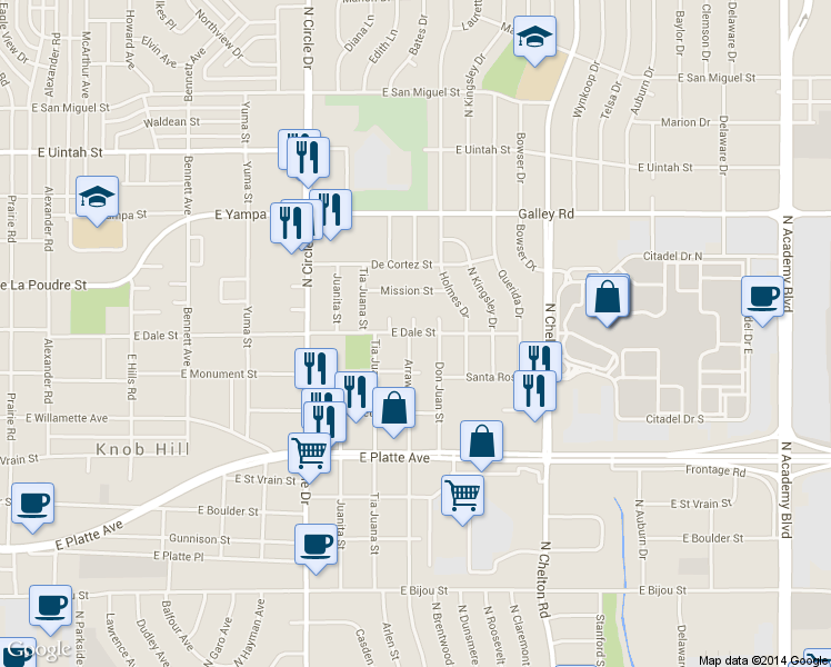 map of restaurants, bars, coffee shops, grocery stores, and more near 812 Arrawanna Court in Colorado Springs