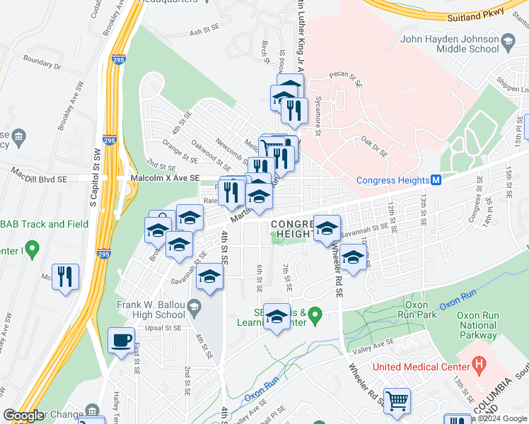 map of restaurants, bars, coffee shops, grocery stores, and more near 3100 Martin Luther King Junior Avenue Southeast in Washington