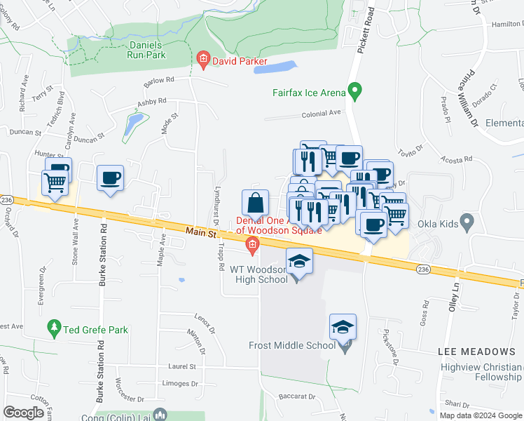 map of restaurants, bars, coffee shops, grocery stores, and more near 3954 Wilcoxson Drive in Fairfax