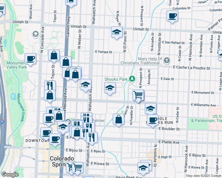 map of restaurants, bars, coffee shops, grocery stores, and more near 623 Maple Street in Colorado Springs