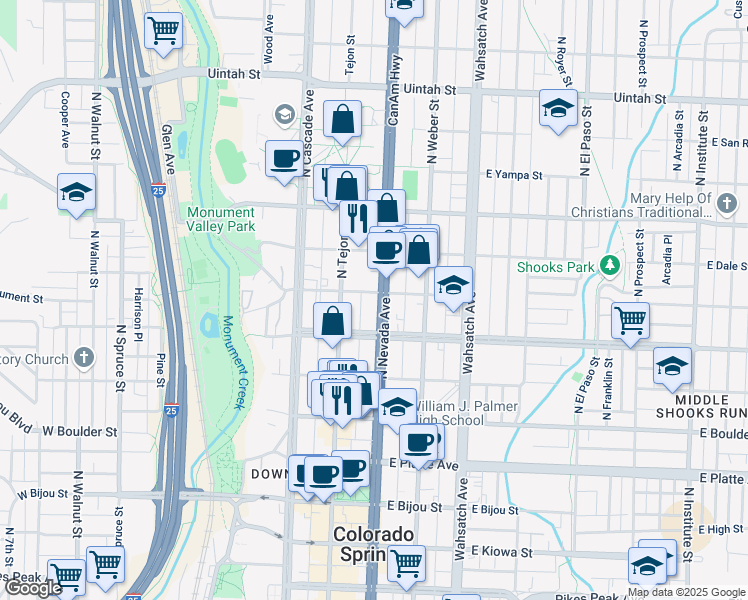 map of restaurants, bars, coffee shops, grocery stores, and more near 130 East Monument Street in Colorado Springs