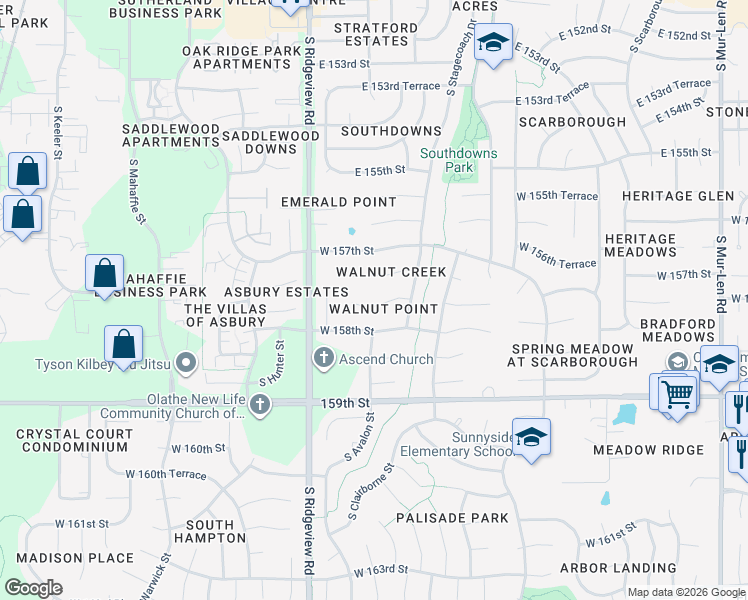 map of restaurants, bars, coffee shops, grocery stores, and more near 18229 West 157th Terrace in Olathe