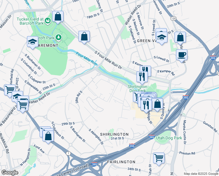 map of restaurants, bars, coffee shops, grocery stores, and more near 2596 South Arlington Mill Drive in Arlington