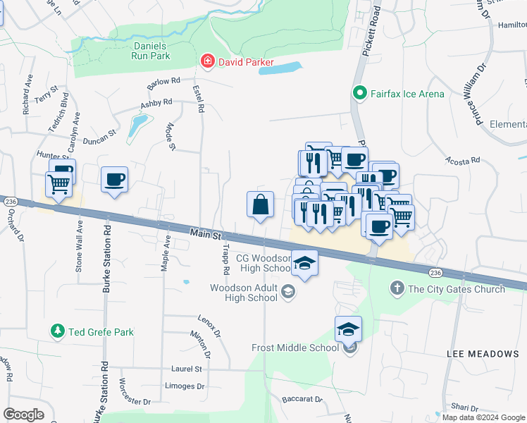 map of restaurants, bars, coffee shops, grocery stores, and more near 3948 Wilcoxson Drive in Fairfax