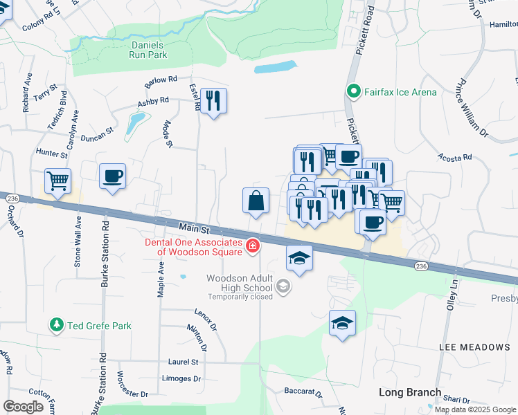 map of restaurants, bars, coffee shops, grocery stores, and more near 3948 Wilcoxson Drive in Fairfax
