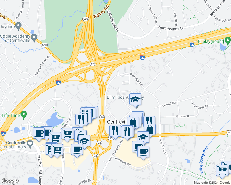 map of restaurants, bars, coffee shops, grocery stores, and more near 5608 Willoughby Newton Drive in Centreville