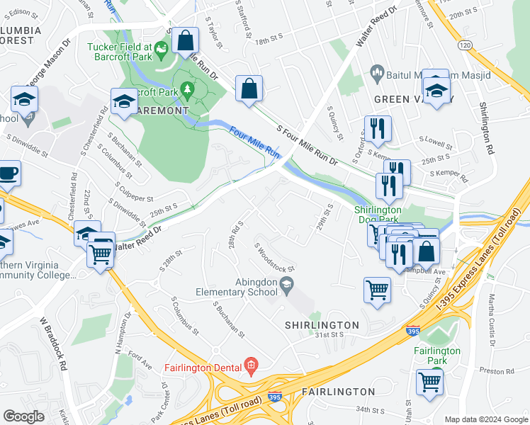 map of restaurants, bars, coffee shops, grocery stores, and more near 2839B South Wakefield Street in Arlington