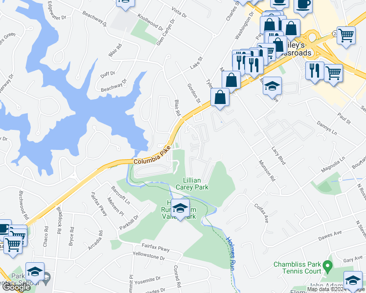 map of restaurants, bars, coffee shops, grocery stores, and more near 3707 Ambrose Hills Road in Falls Church