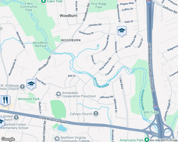 map of restaurants, bars, coffee shops, grocery stores, and more near 3723 Merlin Way in Annandale