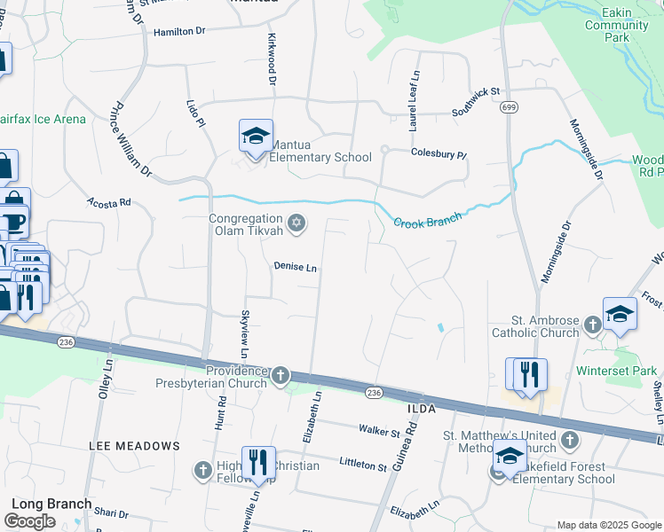map of restaurants, bars, coffee shops, grocery stores, and more near 3817 Glenbrook Road in Fairfax