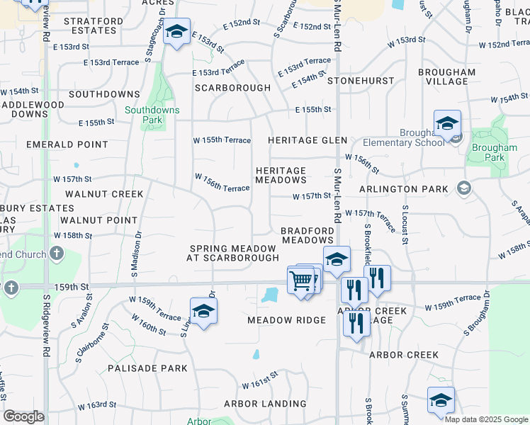 map of restaurants, bars, coffee shops, grocery stores, and more near 16789 West 157th Street in Olathe
