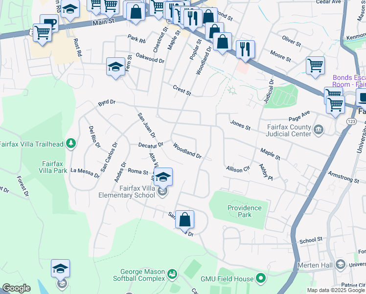 map of restaurants, bars, coffee shops, grocery stores, and more near 10824 Woodland Drive in Fairfax