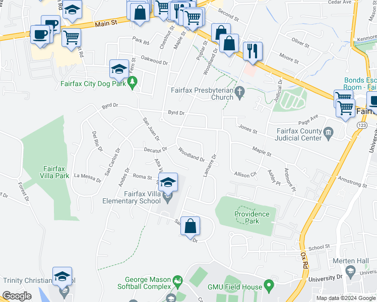 map of restaurants, bars, coffee shops, grocery stores, and more near 10824 Woodland Drive in Fairfax