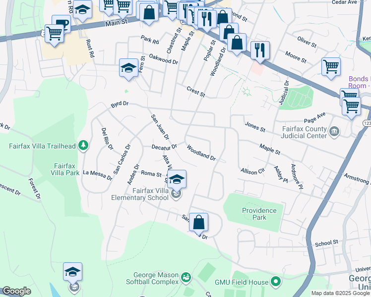 map of restaurants, bars, coffee shops, grocery stores, and more near 10831 Woodland Drive in Fairfax