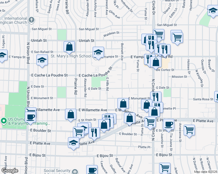 map of restaurants, bars, coffee shops, grocery stores, and more near 2501 Jobar Court in Colorado Springs