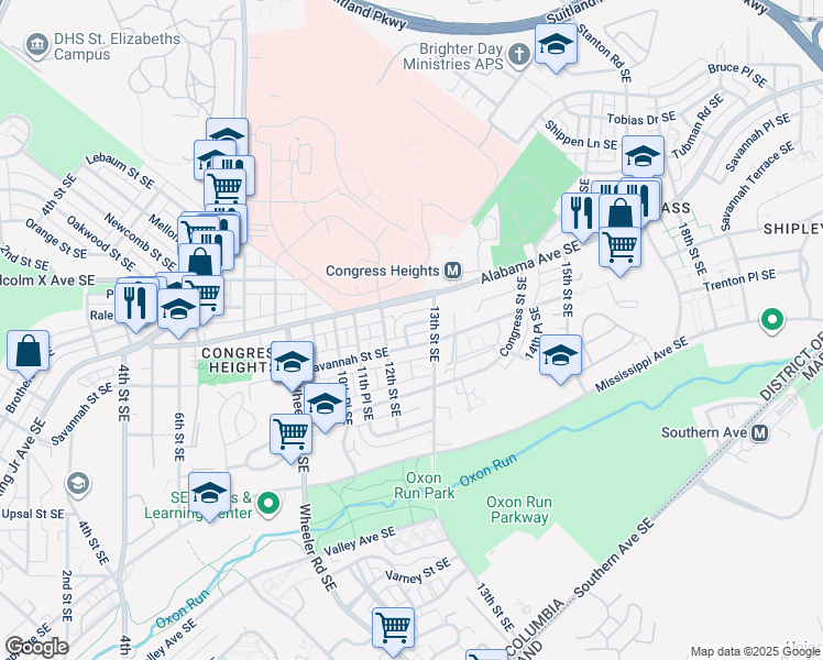 map of restaurants, bars, coffee shops, grocery stores, and more near 1225 Savannah Place Southeast in Washington