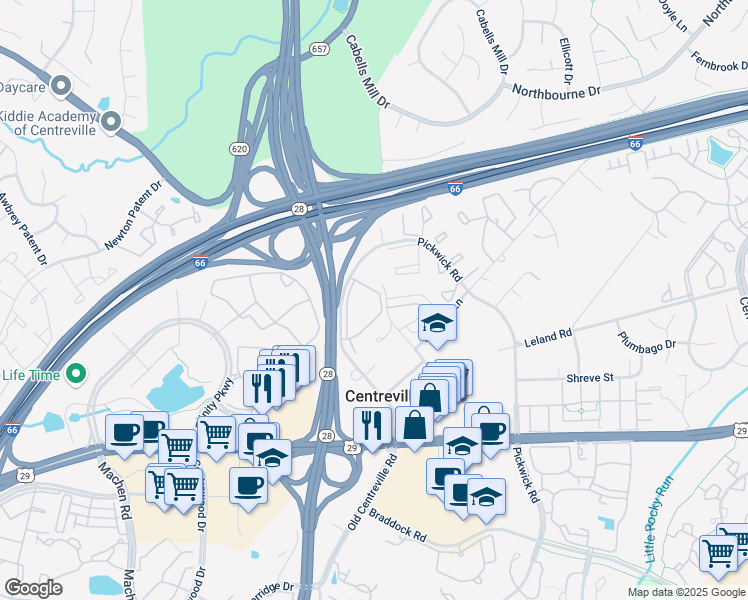 map of restaurants, bars, coffee shops, grocery stores, and more near 5608 Willoughby Newton Drive in Centreville