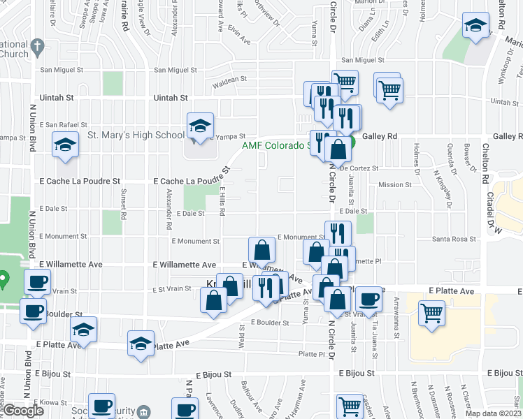 map of restaurants, bars, coffee shops, grocery stores, and more near 2622 East Dale Street in Colorado Springs