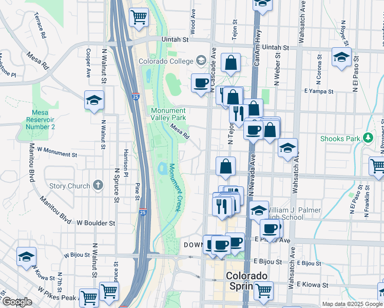 map of restaurants, bars, coffee shops, grocery stores, and more near 10 West Monument Street in Colorado Springs