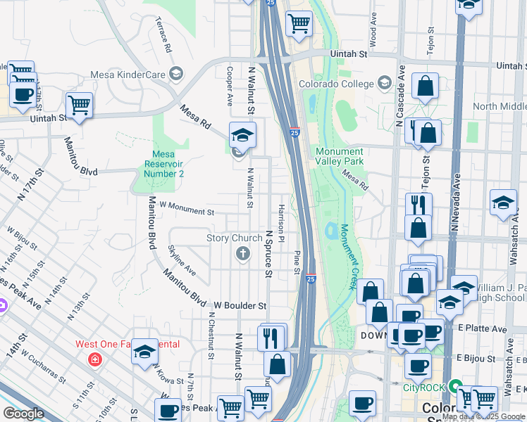 map of restaurants, bars, coffee shops, grocery stores, and more near 741 North Walnut Street in Colorado Springs
