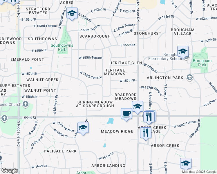 map of restaurants, bars, coffee shops, grocery stores, and more near 16789 West 157th Street in Olathe