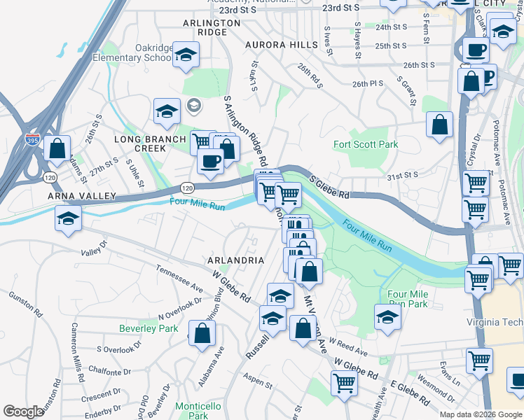 map of restaurants, bars, coffee shops, grocery stores, and more near 511 Four Mile Road in Alexandria