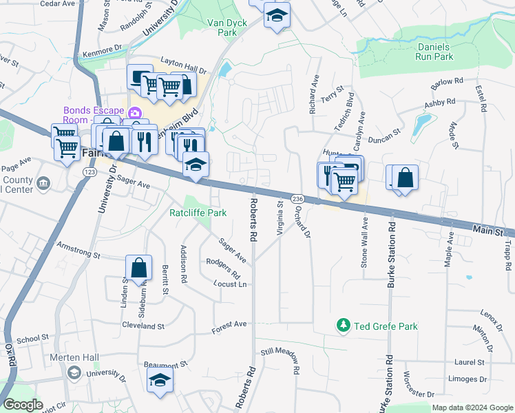 map of restaurants, bars, coffee shops, grocery stores, and more near 4011 Roberts Road in Fairfax