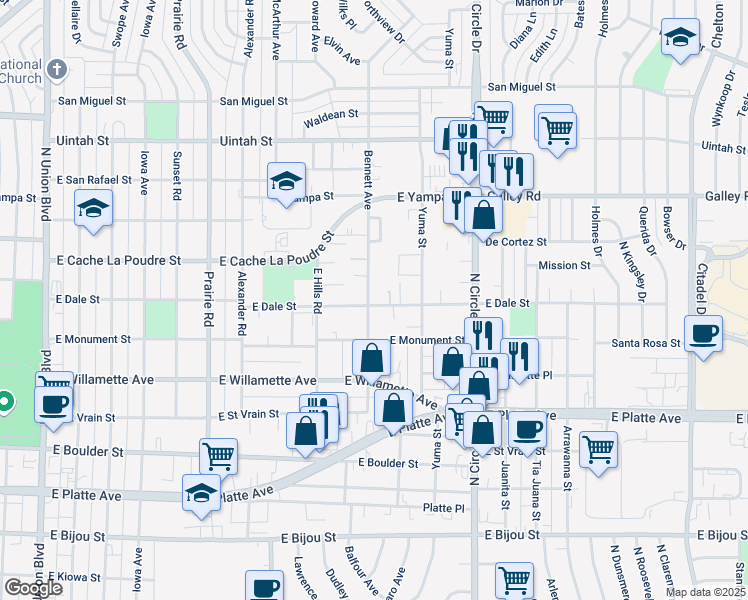 map of restaurants, bars, coffee shops, grocery stores, and more near 2622 East Dale Street in Colorado Springs