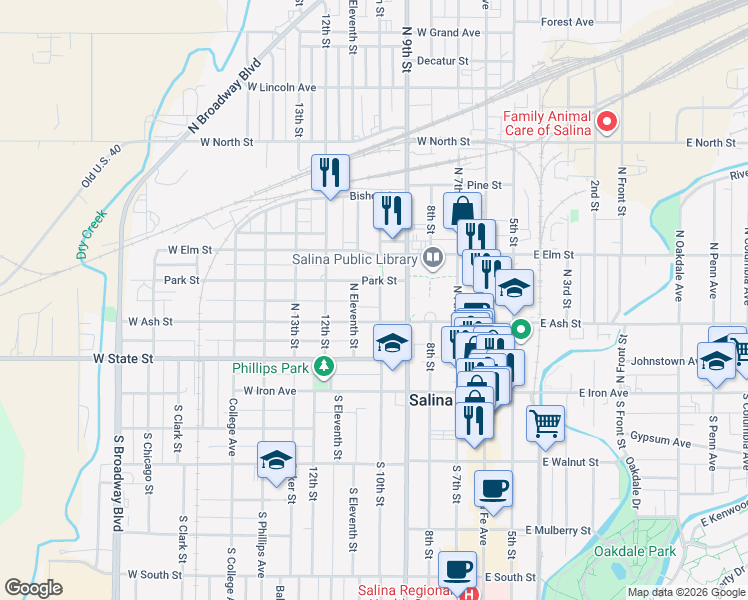 map of restaurants, bars, coffee shops, grocery stores, and more near 223 North 10th Street in Salina