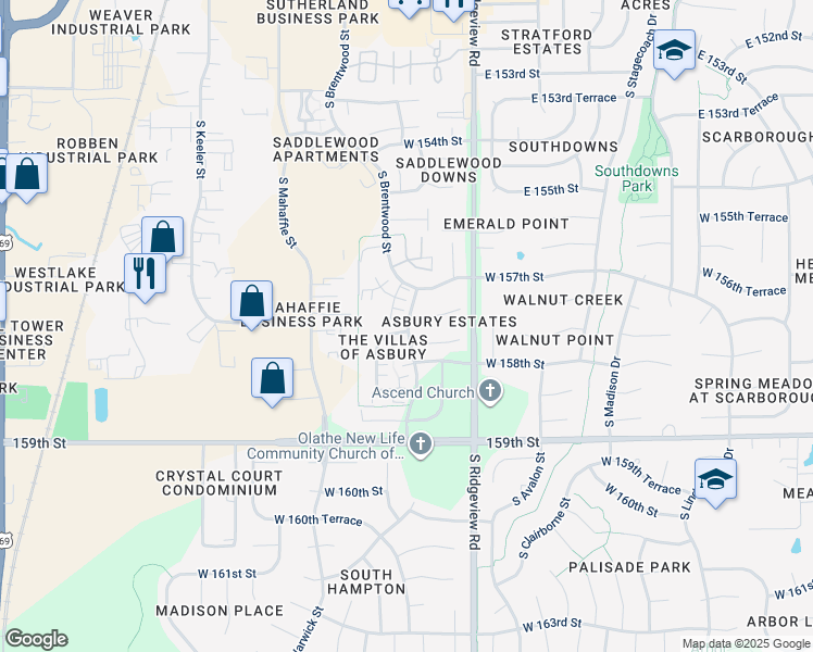 map of restaurants, bars, coffee shops, grocery stores, and more near 15578 South Hillside Street in Olathe