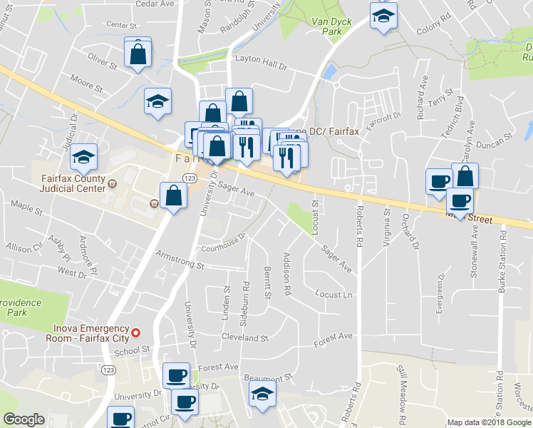 map of restaurants, bars, coffee shops, grocery stores, and more near 4020 Barbour Drive in Fairfax