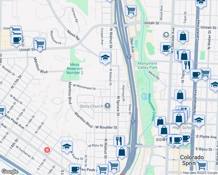 map of restaurants, bars, coffee shops, grocery stores, and more near 741 North Walnut Street in Colorado Springs