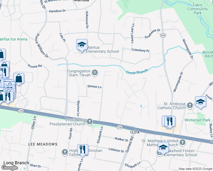 map of restaurants, bars, coffee shops, grocery stores, and more near 3817 Glenbrook Road in Fairfax