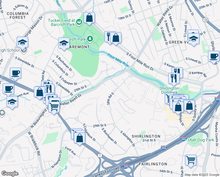 map of restaurants, bars, coffee shops, grocery stores, and more near 4607 28th Road South in Arlington