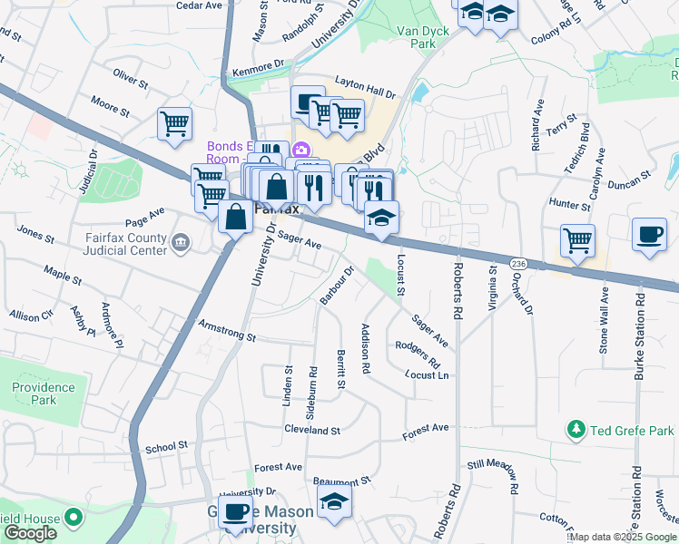 map of restaurants, bars, coffee shops, grocery stores, and more near 4020 Barbour Drive in Fairfax
