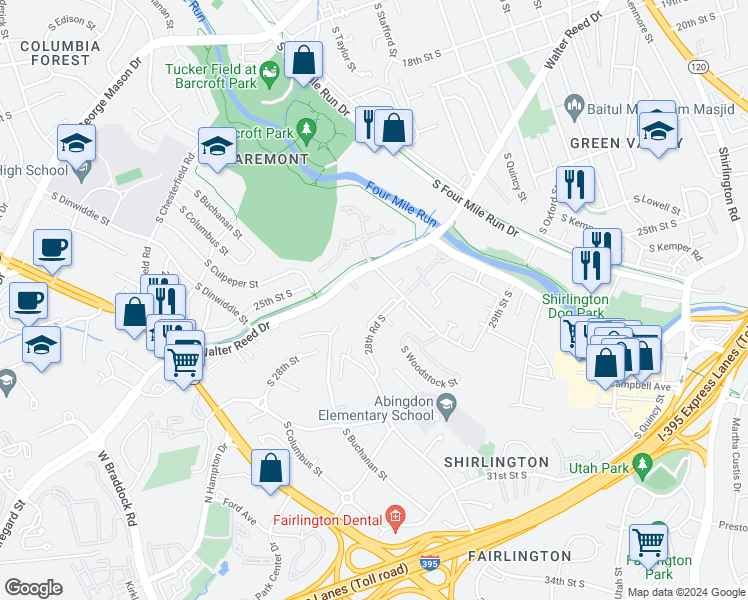 map of restaurants, bars, coffee shops, grocery stores, and more near 4607 28th Road South in Arlington