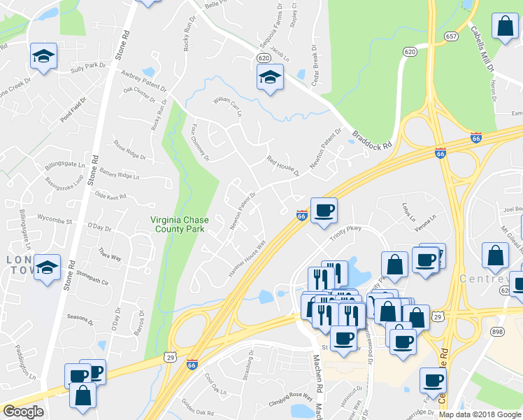 map of restaurants, bars, coffee shops, grocery stores, and more near 5927 Havener House Way in Centreville