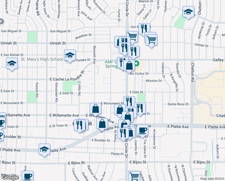 map of restaurants, bars, coffee shops, grocery stores, and more near 809 Yuma Street in Colorado Springs