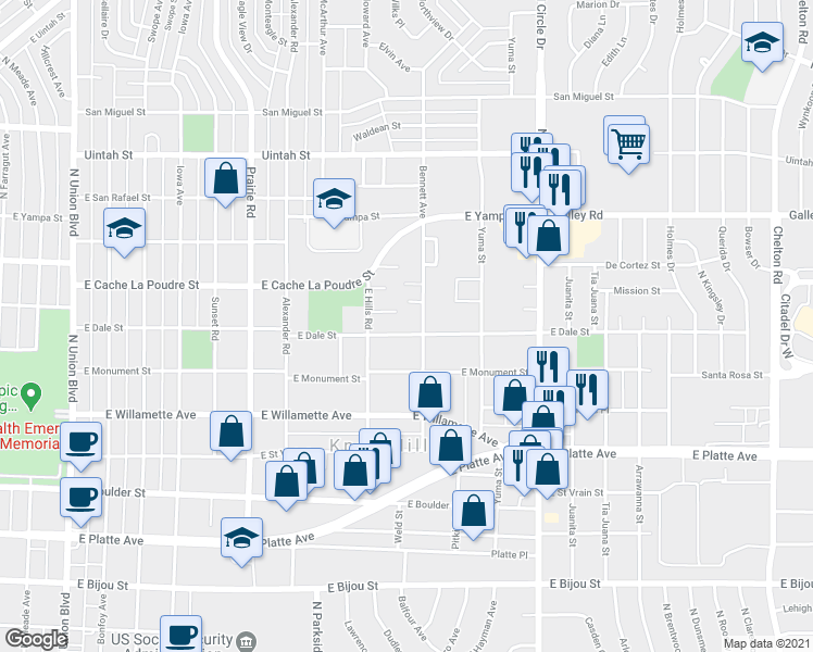 map of restaurants, bars, coffee shops, grocery stores, and more near 812 Bennett Avenue in Colorado Springs
