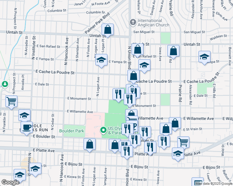 map of restaurants, bars, coffee shops, grocery stores, and more near 728 North Meade Avenue in Colorado Springs