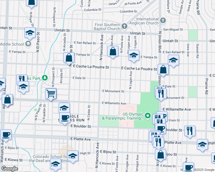 map of restaurants, bars, coffee shops, grocery stores, and more near 724 North Sheridan Avenue in Colorado Springs