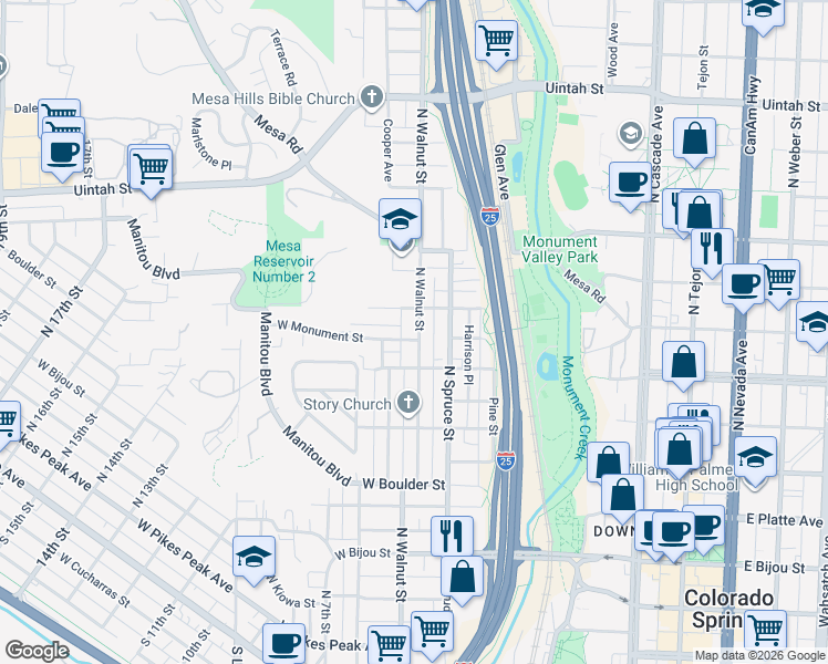 map of restaurants, bars, coffee shops, grocery stores, and more near 741 North Walnut Street in Colorado Springs