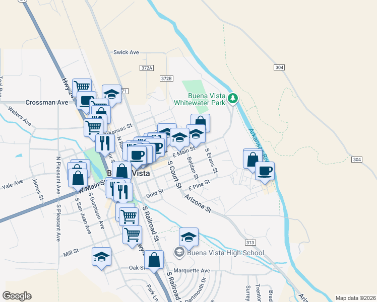 map of restaurants, bars, coffee shops, grocery stores, and more near 516 East Main Street in Buena Vista