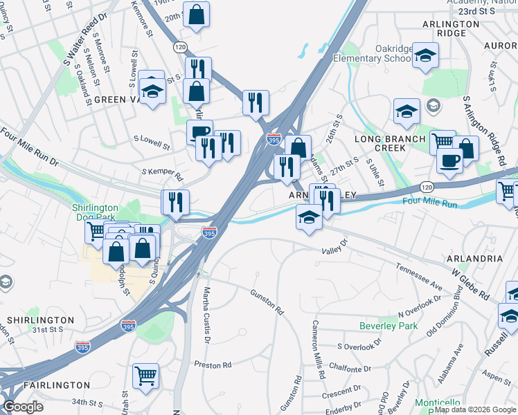 map of restaurants, bars, coffee shops, grocery stores, and more near 2618 27th Road South in Arlington
