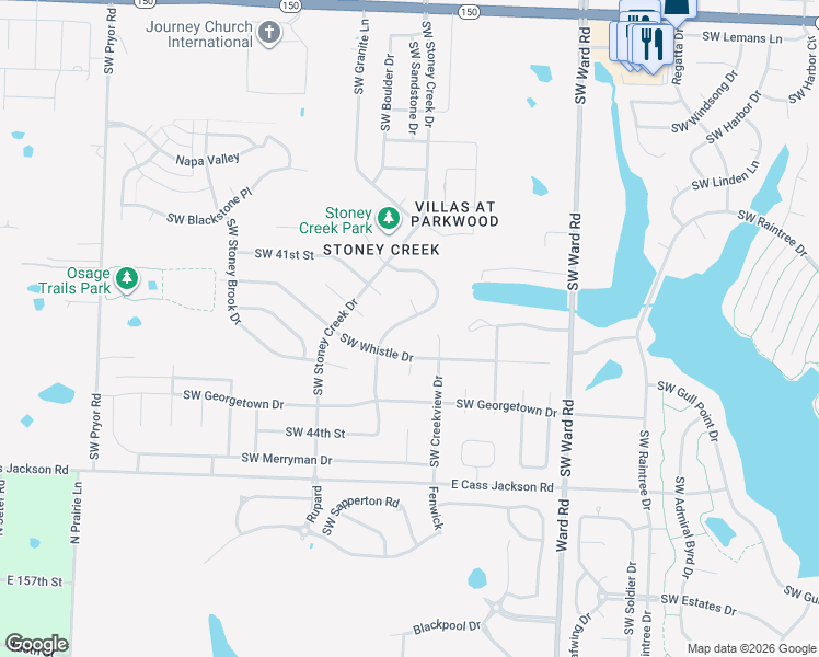 map of restaurants, bars, coffee shops, grocery stores, and more near 4221 Southwest Flintrock Drive in Lee's Summit