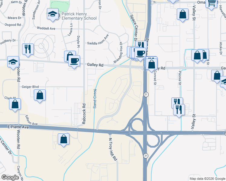 map of restaurants, bars, coffee shops, grocery stores, and more near 892 Technology Court in Colorado Springs