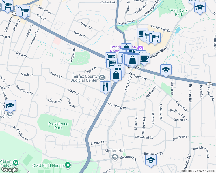 map of restaurants, bars, coffee shops, grocery stores, and more near 4110 Virginia 123 in Fairfax